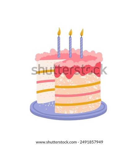 Cake decorated with festive candles on a white background. A cut off piece of birthday cake. Festive mood. Vector illustration