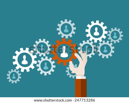 Flat design modern vector illustration concept of business teamwork with isolated hand holding a cogwheel and avatar silhouettes