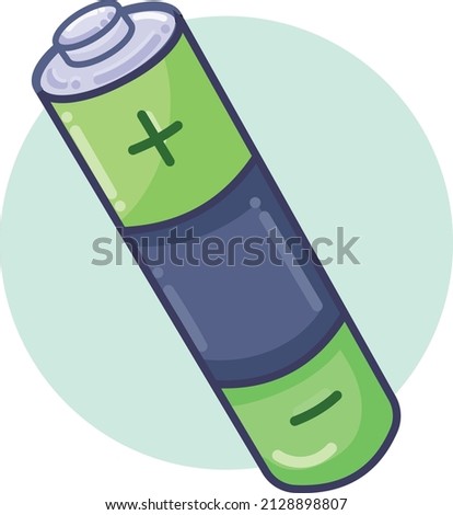 Green and black colored battery with plus and minus mark. Technology themed vector Illustration with Clean outline and simple flat cartoon art style isolated on green circle and square white backdrop