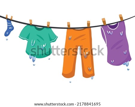 Cartoon hanging wet clothes, pants, tank top, shirt, and sock. Drying clothes on clothline on windy outdoor environment vector illustration with flat style drawing.