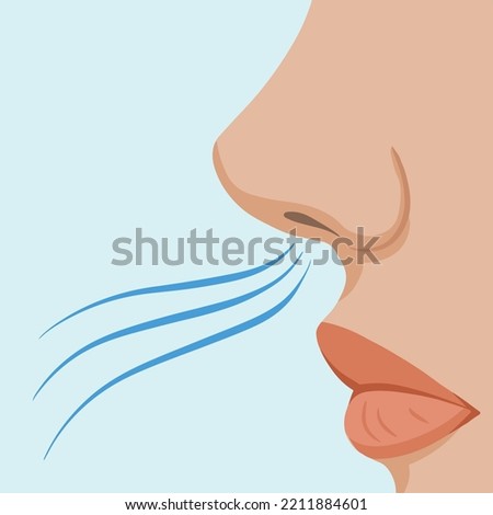 Human nose and mouth from side with breathing fresh air vector illustration. Female face cartoon flat art style drawing sniffing, human sense of smell inhale or exhale with line decoration.