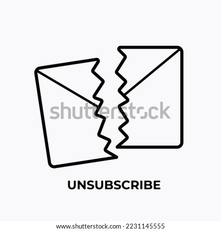 Torned and ripped mail envelope vector illustration icon for illustrating unsubscribe action. Anti spam simple flat icon pictogram isolated on plain white background. Paper ripped in half.
