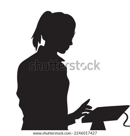 Female young adult with ponytail hair style, retail cashier worker. Vector character illustration silhouette drawing isolated on plain white background with simple style.