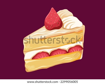 Japanese strawberry shortcake cream triangle sliced cake vector illustration isolated on dark pink horizontal background. Simple flat full colored sweet dessert food drawing.