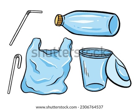 Plastics object like straws, bottle, plastic bag, plastic glass vector illustration set collection isolated on horizontal white background template. Simple flat drawing with outline cartoon art style.
