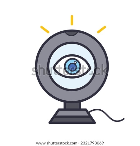 Dark Gray webcam with eye no privacy themed colored vector icon outlined isolated on square white background. Simple flat cartoon art styled drawing with cyber internet security.