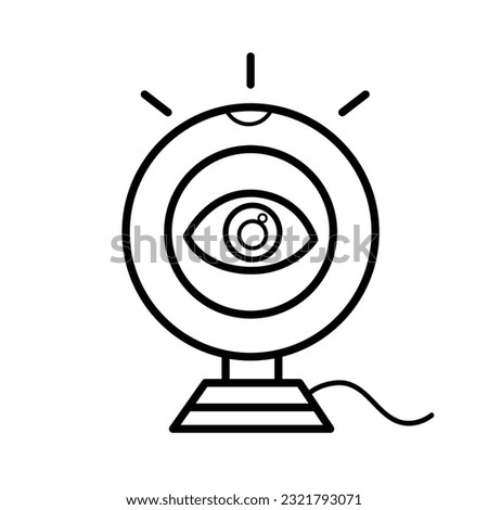 Webcam with eye no privacy themed vector icon outline isolated on square white background. Simple flat cartoon art styled drawing with cyber internet security.