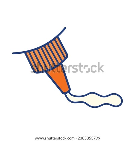 Orange paper glue bottle tip, with glue liquid applied or poured. Close up vector icon outlined isolated on square white background. Simple flat cartoon minimalist art styled drawing.