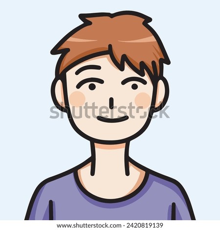 Cute chibi korean japanese simple character styled vector illustration avatar isolated on square background template. Young looking smiling man with simple clothes and light brown colored hair.