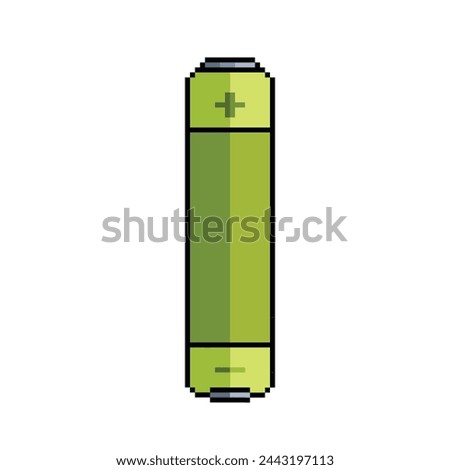 Green colored battery with plus and minus symbol. Pixel art retro vintage video game bit vector illustration isolated on square white background.