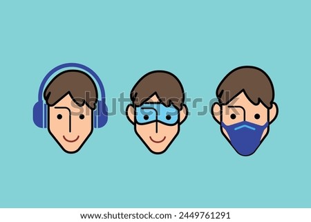 Colored safety first set face icons. ear and eye protection plus face mask sign icon vector illustration outlined isolated on horizontal blue green background. Simple flat cartoon drawing.