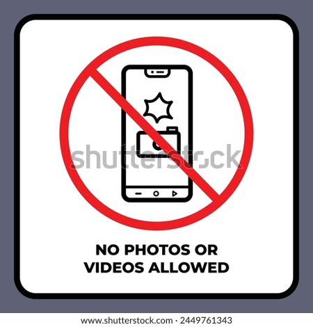 No photos or videos allowed sign age vector illustration banner with text icon isolated on square white background. Simple flat cartoon drawing.