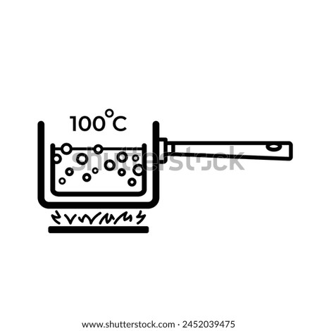 Boiling water sign icon outline illustration. Water in boiling pan on stove fire. 100 degree celcius water temperature. Simple flat poster graphic design drawing for prints.