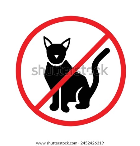 No pets, animals, cats or dog sign age icon illustration with red cross isolated on square white background. Simple flat poster graphic design for prints.