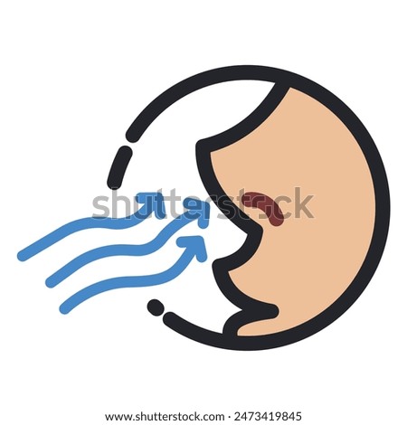 Colored side view nose deep breathe in fresh air. Human sense of smell and sniffing icon illustration outline isolated on square white background. Simple flat sign drawing with cartoon art style.