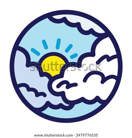 Cloudy or partly sunny weather colored icon illustration with outline isolated on square white background. Simple flat cartoon art styled drawing.