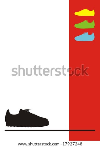 Black gym shoes on a white background.  with a red rectangular block with color gym shoes.
