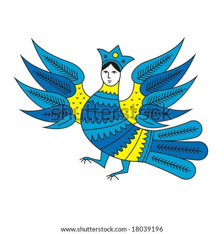 Bird with a woman\'s face. It is represented in the old Russian technics of a list. The bird has lifted wings upwards. On a head at it the crown is put on.