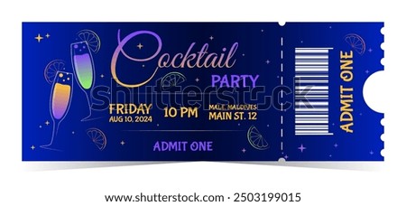 Blue Cocktail Party Invitation Ticket Design with colorful drinks, event details and admit one barcode