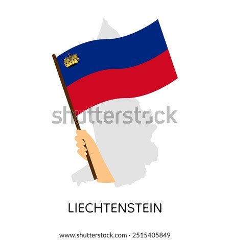 Hand is holding national Liechtenstein flag on map silhouette background	