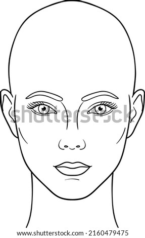 Female head front view vector illustration, bald woman head anatomy line art