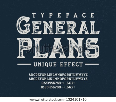 Font General Plans. Crafted retro vintage typeface design. Display handmade textured lettering type alphabet. Navy background. Vector bold letters, number for print logo, label, emblem, poster, badge