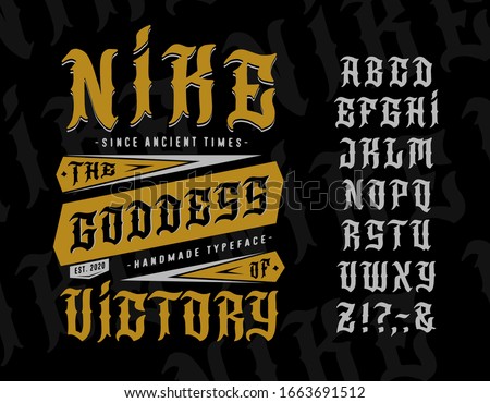Font Nike, the Goddess of Victory. Craft retro vintage typeface design. Graphic display alphabet. Fantasy type letters. Latin characters, numbers. Vector illustration. Old badge, label, logo template
