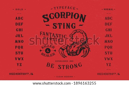 Font Scorpion Sting. Craft retro vintage typeface design. Graphic display alphabet. Fantasy type letters. Latin characters, numbers. Vector illustration. Old badge, label, logo template.
 Сток-фото © 