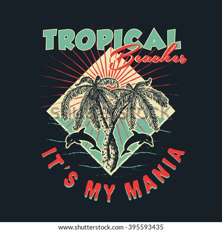 TROPICAL BEACHES. Handmade Palms trees retro style. Design fashion apparel textured print on navy background. T shirt graphic vintage grunge vector illustration badge label logo template. 