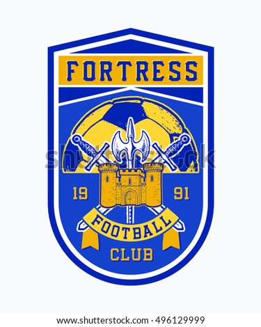 Fortress football club. Handmade castle, sword and shield, ball. Design fashion sport apparel print. T shirt graphic vintage grunge vector illustration crests and heraldry badge label logo template.