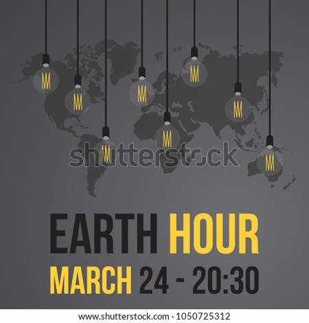 Earth hour vector illustration with world map and hanging edison decoration light bulbs with space for text.