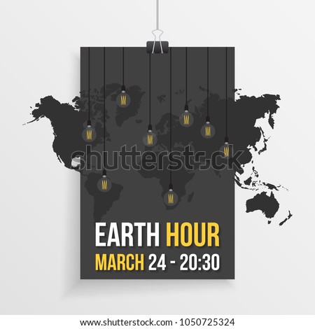 Hanging edison light bulbs and world map for the earth hour international event in march. Modern style earth hour illustration with dark theme and popular decor lamps.