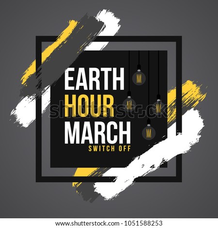 Earth hour day illustration in march with brush stroke or paint texture and hanging edison decor lamps. 