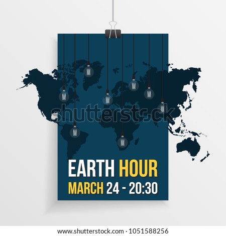 Earth hour illustration with world map and hanging lamps and custom text. Vector illustration for the earth hour international event in march with dark blue color and paper clip.