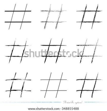 Collection of painted hashtag vectors with different tools like brushes, chalk, ink, pen. Blue grungy hashtag icons isolated on white background.