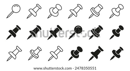 Push pin icon set. Linear and silhouette style.