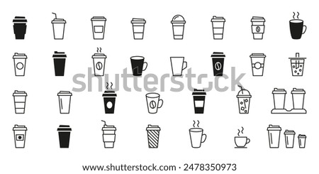 Coffee cup icon set. Linear and silhouette style.