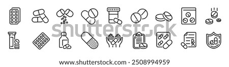 Pills and Tablets set. Pharmacy pill. Linear style.