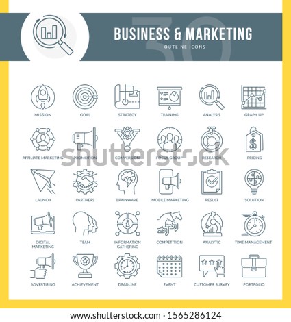 Set of outline icons on following themes – business, marketing, digital marketing, market research, strategy, planning and other.