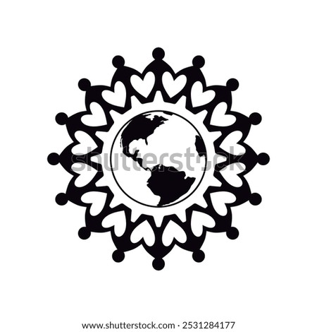 People figure around world black silhouette. Paper cut holding hands forming a gear shape. Vector isolated on a white background.