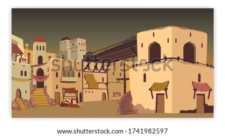 Vector illustration of Middle Eastern scene. Castle with towers and gates. Arabian market. Fabric and carpets store, vegetable market. Desert landscape. 