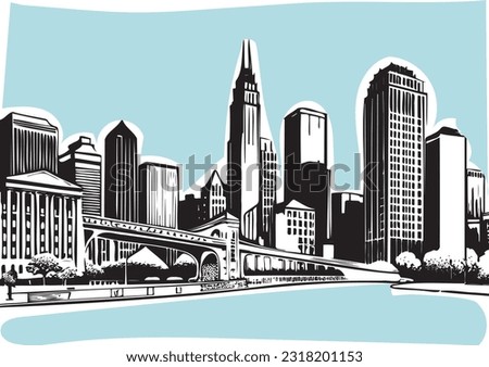 City scape skyline sketch vector art comic cartoon drawing retro vintage abstract style editable background