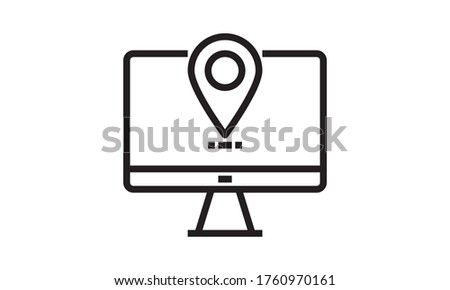 Computer with destination mark, navigator, geolocation flat  line icon.