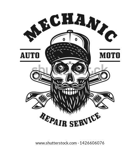 Mechanic skull and crossed adjustable wrenches vector emblem, label, badge or logo in monochrome vintage style isolated on white background