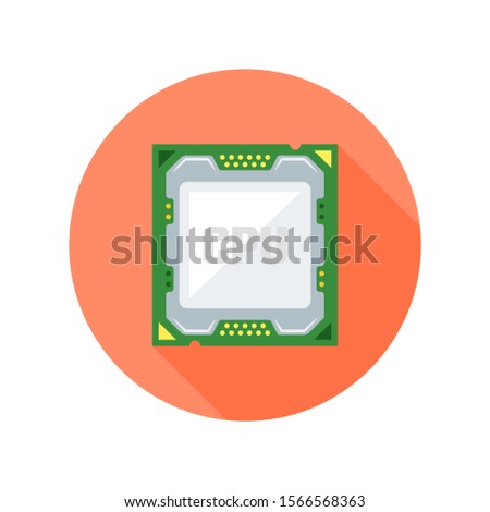 CPU computer chip flat design style isolated vector round icon with long shadow on white background