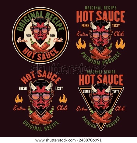 Hot sauce set of vector emblems, labels, badges with devil head in colored style on dark background