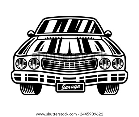 Muscle car front view vector monochrome illustration isolated on white background