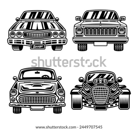 Retro cars front view vector objects in monochrome style isolated on white background