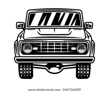 Off road car front view vector monochrome illustration isolated on white background
