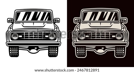Off road car front view set of objects in two styles vector illustration